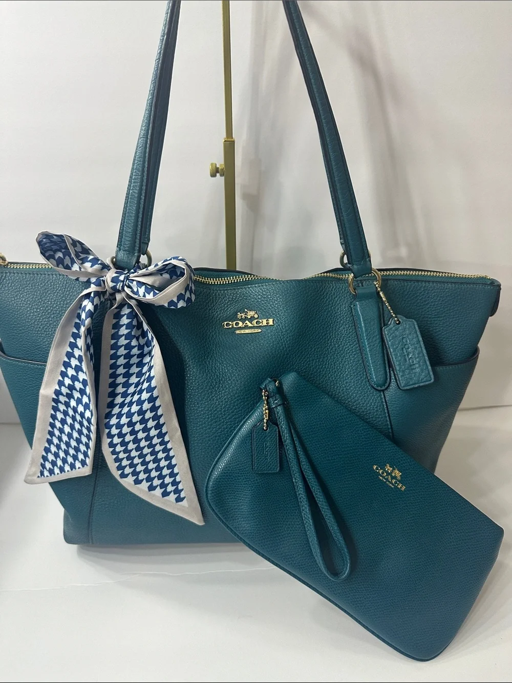 COACH Teal Pebbled Leather Tote with Matching Wristlet